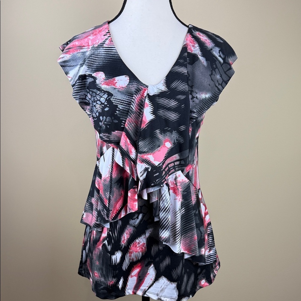 Reitmans Ruffled Layered Black Pink White V-Neck Blouse Top Women's Size M